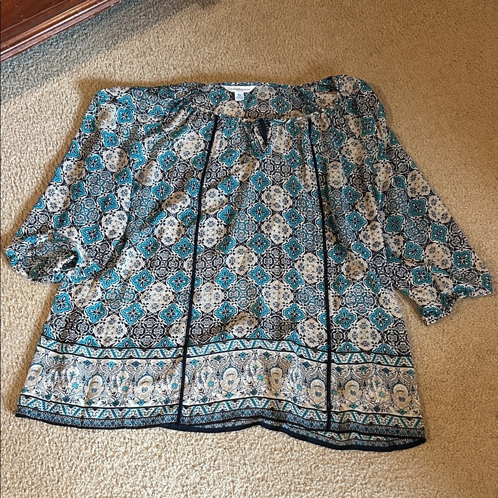 Croft & Barrow Teal and Black Patterned Blouse
